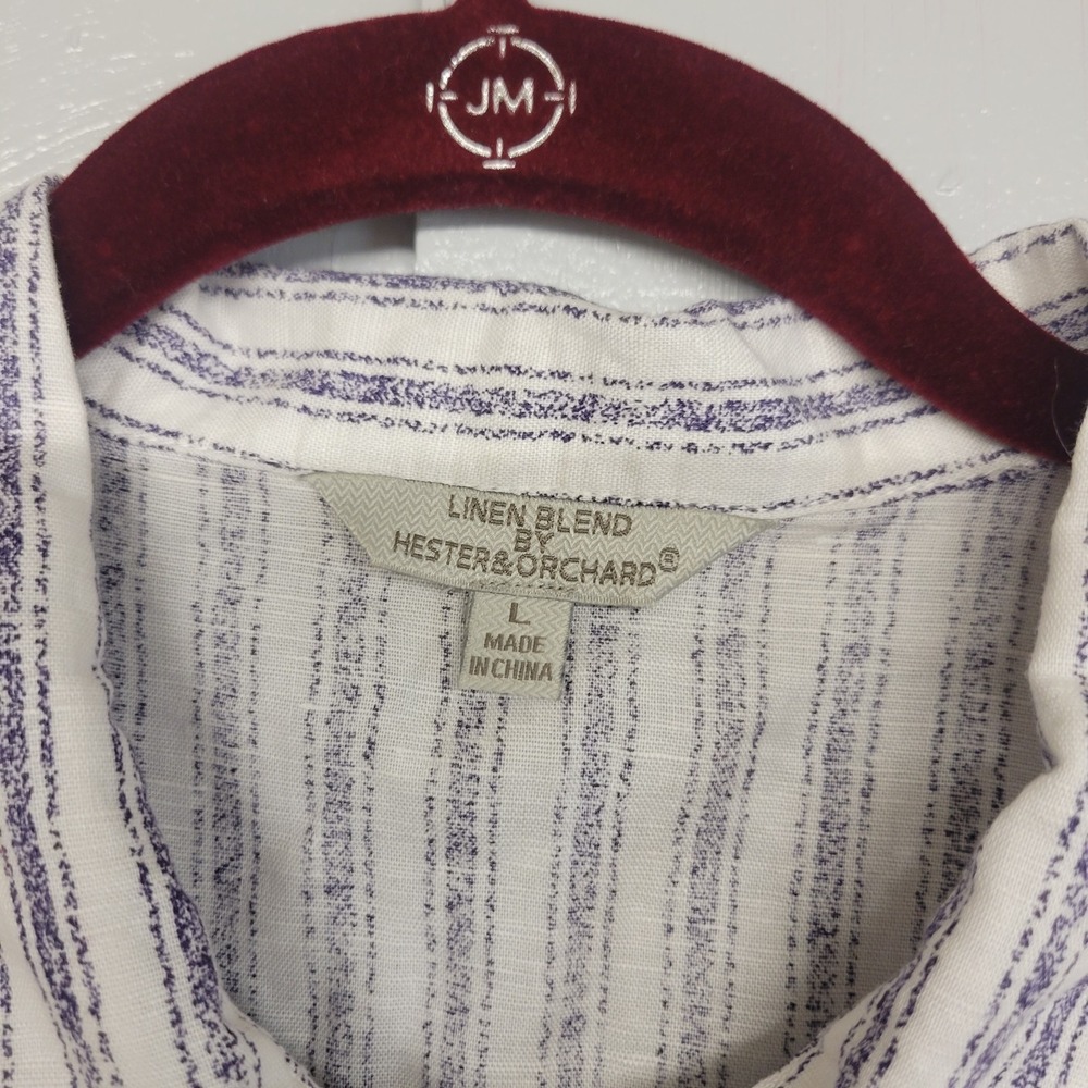 Hester & Orchard Size Large Linen Blend Shirt Button Cream/‎ Purple Striped - Picture 3 of 4